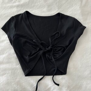 Alo Airbrush Criss Cross Tie Front Short Sleeve Crop Top Black XS